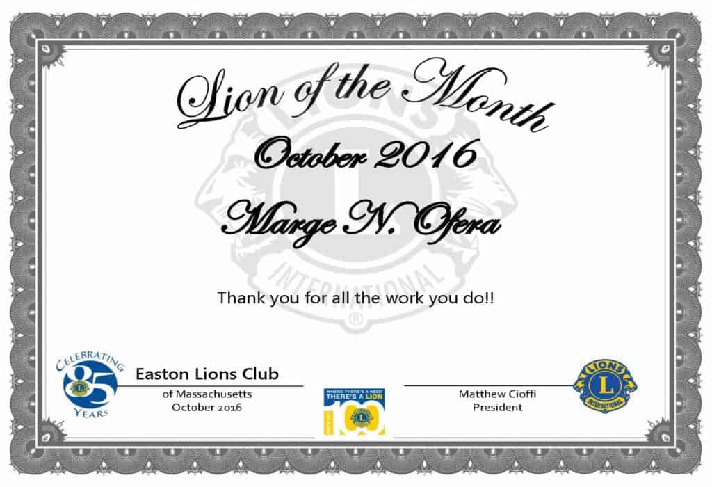 Lion of the Month Certificat-Blank with Marge N. Ofera 2016 October