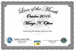 Lion of the Month Certificat-Blank with Marge N. Ofera 2016 October