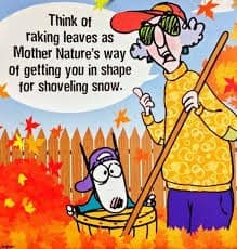 Raking leaves getting you in shape cartoon.