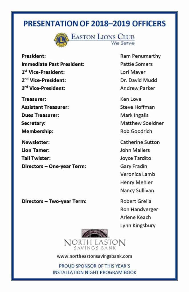 Easton Lions Club Officers for 2018-19