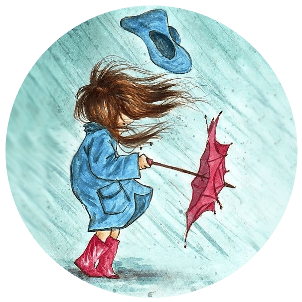 Wind, rain, umbrella with child in blue raincoat and red boots.