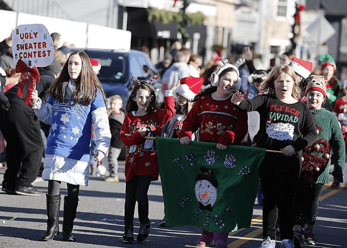 Easton Lions Holiday Festival Parade 2015 kids walking with ugly sweater contest