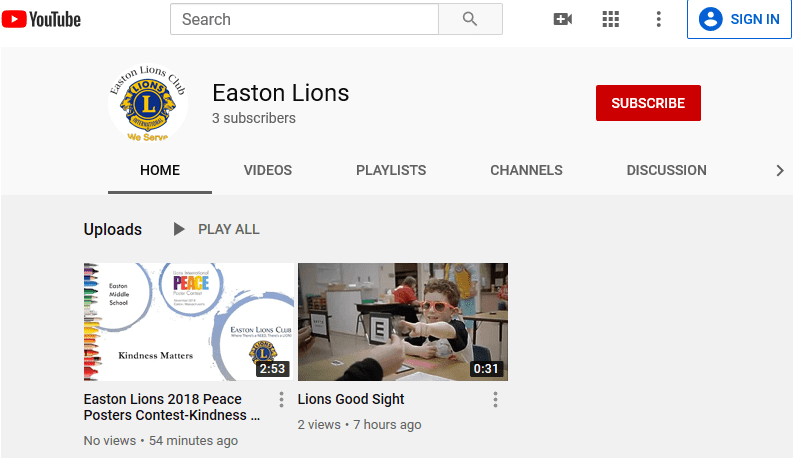 Easton Lions New YouTube Channel subscription page.