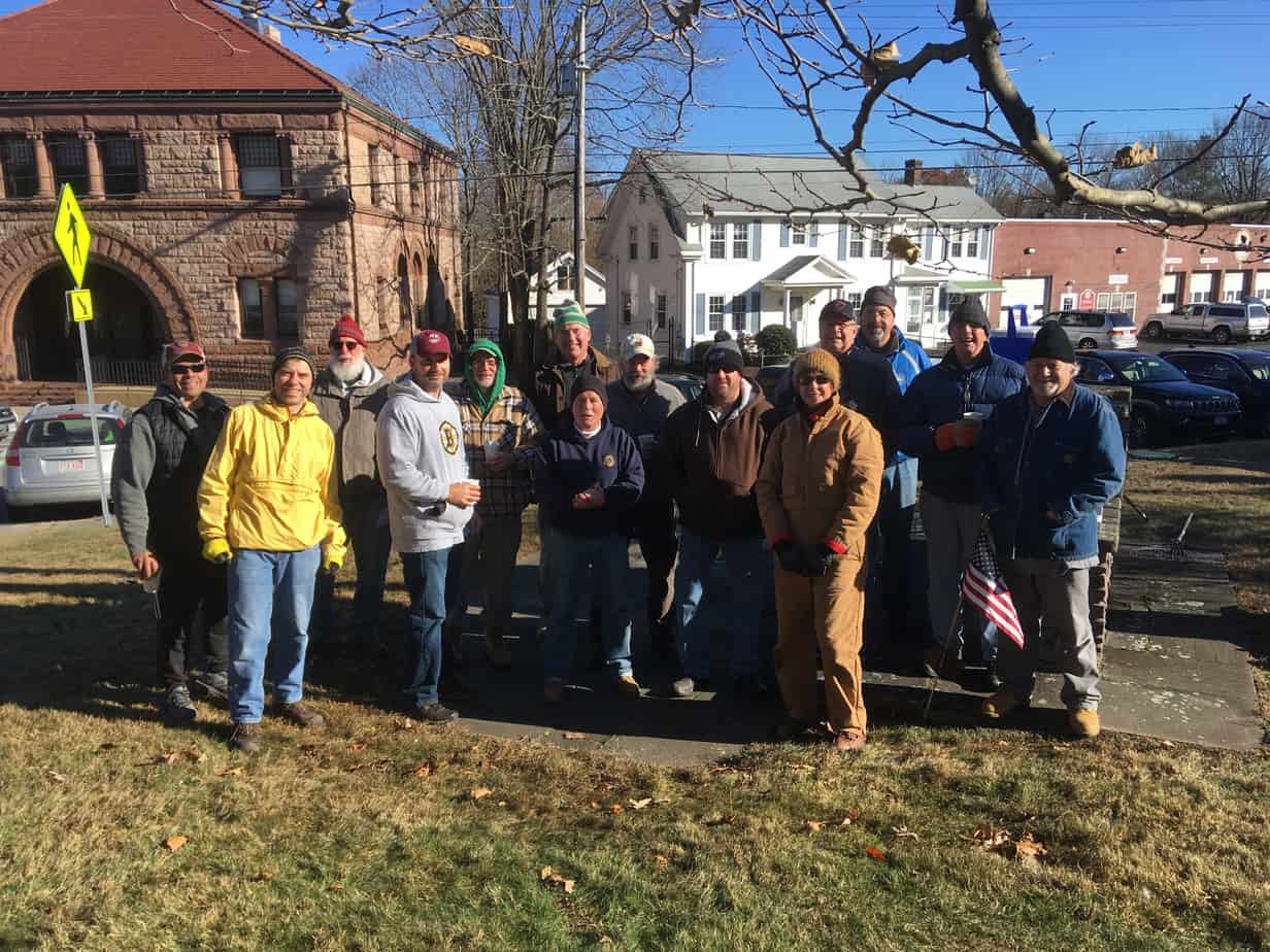 Easton Lions at the Rockery clean-up for the Holiday Festival in North Easton at Oakes Ames Memorial Hall