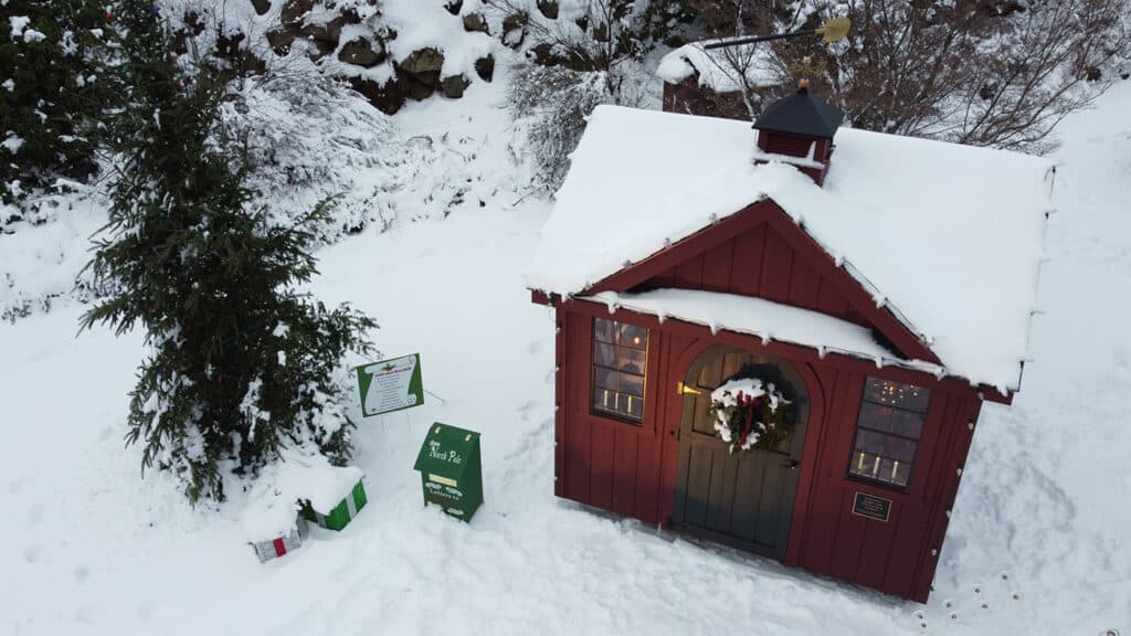 Aerial shots of Santa's house on the Rockery in North Easton