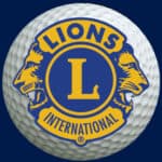Lions logo over white golf ball on blue background