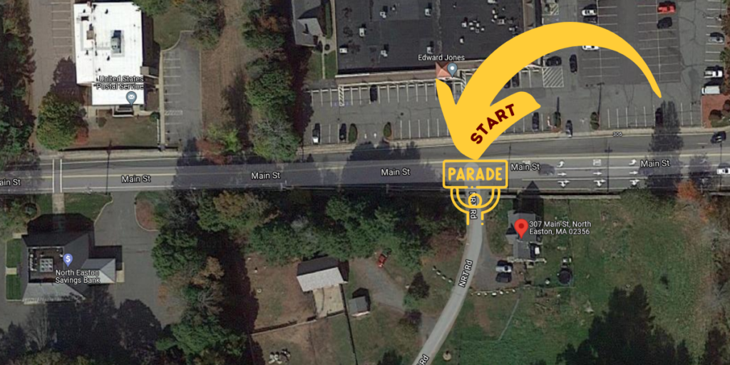 Google map with arrow pointing to parade start location at 307 Main Street, Easton, MA