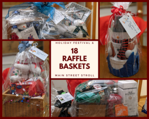 Collage of 4 of 18 raffle baskets for the Holiday Festival