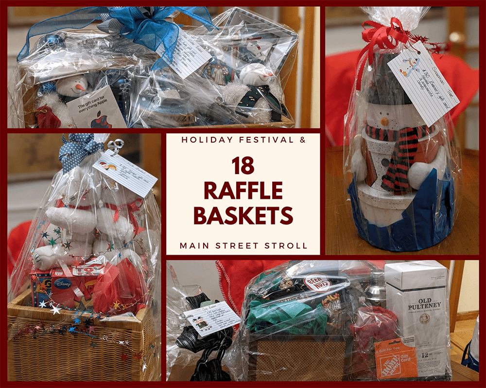 Collage of 4 of 18 raffle baskets for the Holiday Festival